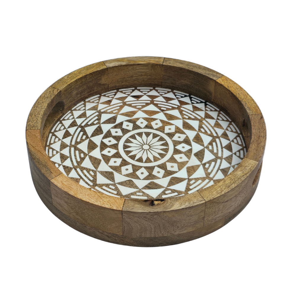 Mandala Print Round Mango Wood Tray