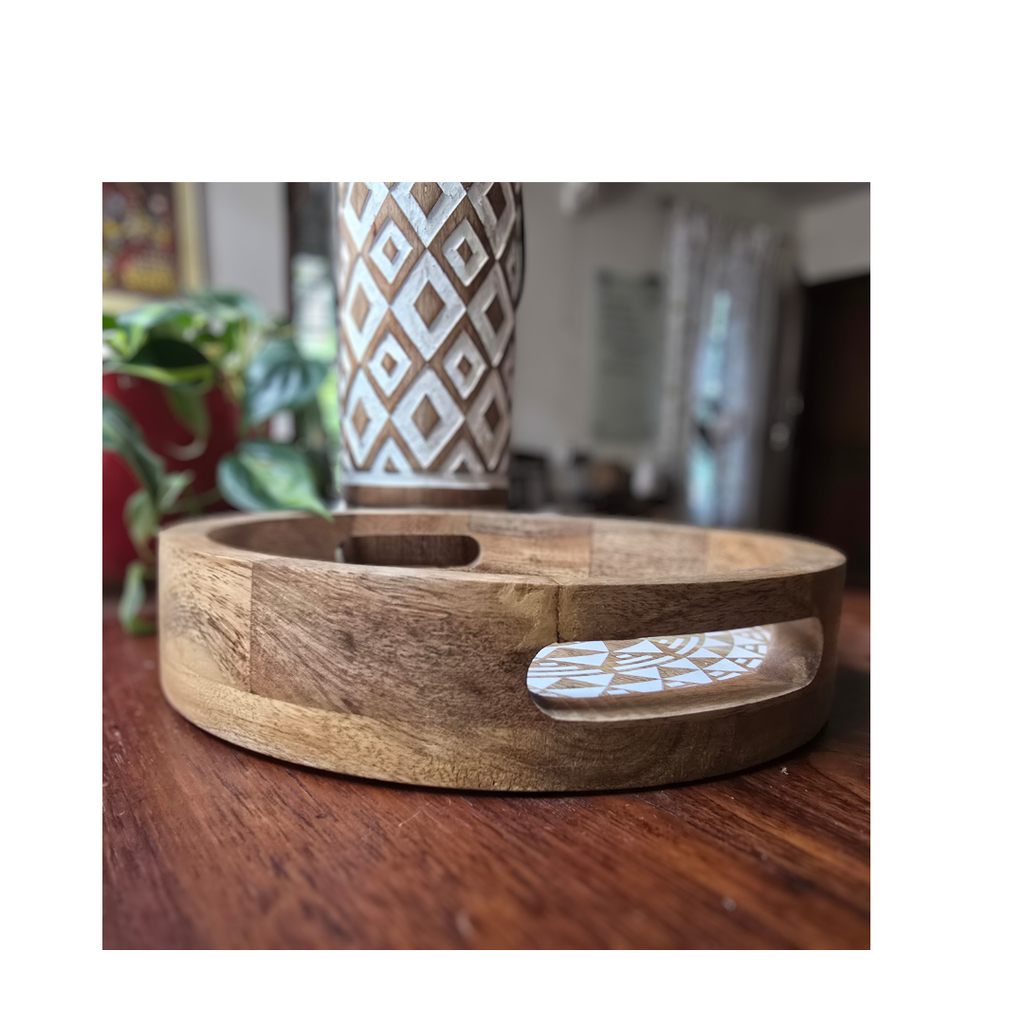 Mandala Print Round Mango Wood Tray