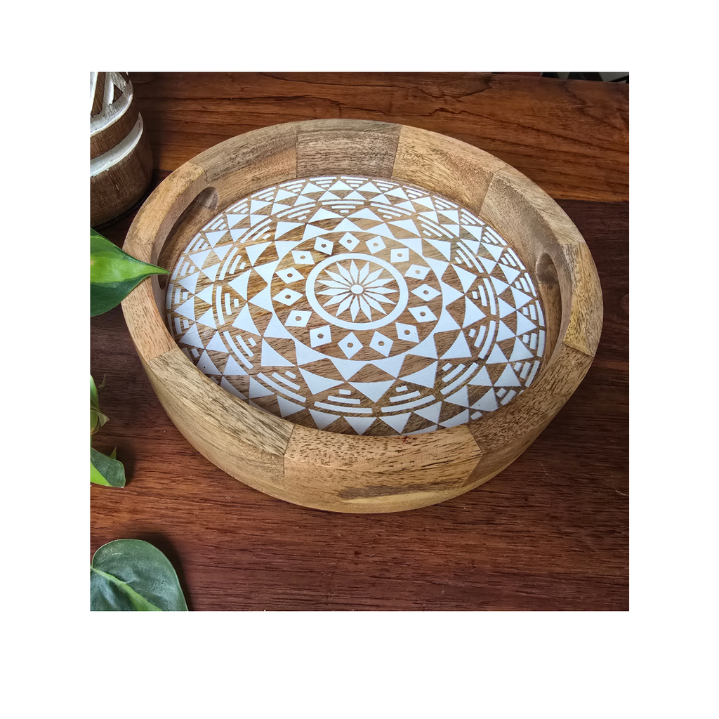 Mandala Print Round Mango Wood Tray