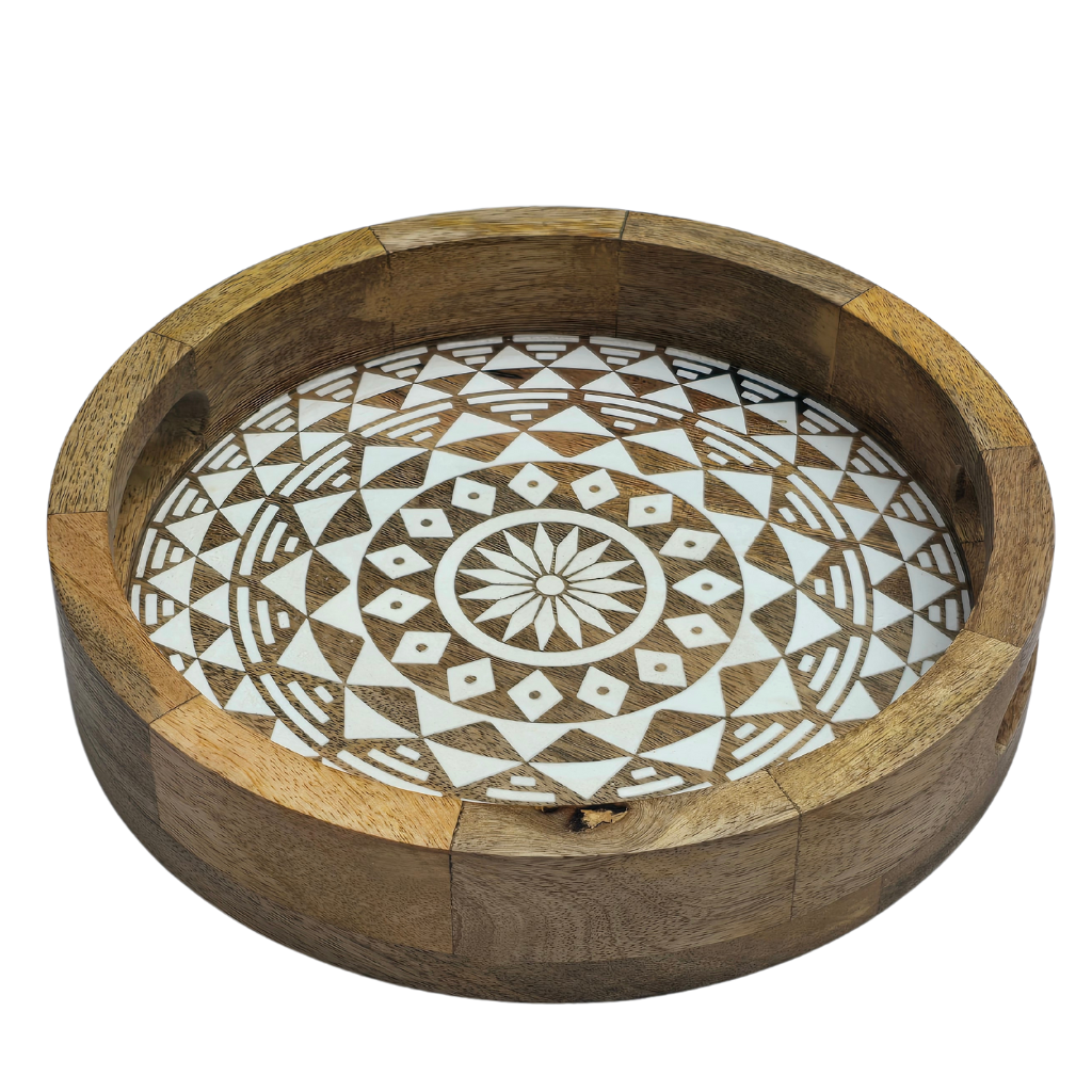 Handcrafted Round Mango Wood Tray with Mandala Print – 10" Rustic Wooden Serving Tray for Dining, Kitchen, or Home Decor 