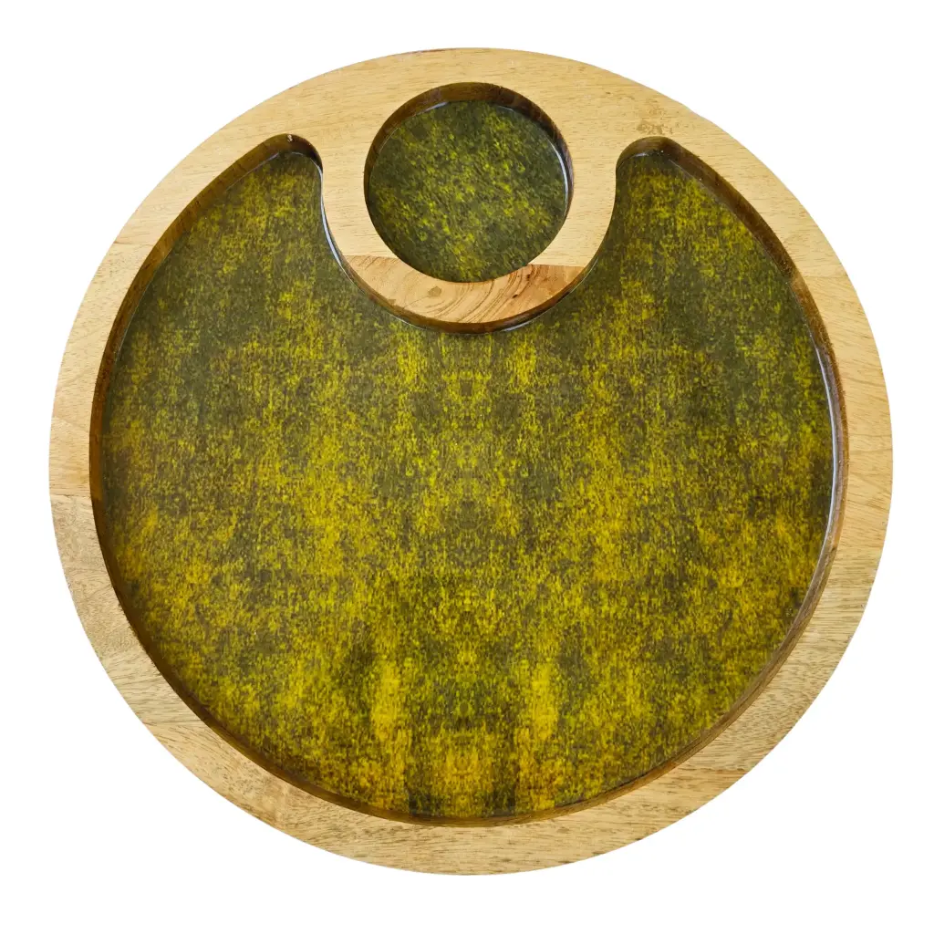 Handcrafted Chip & Dip Platter – Speckled Green 12" Round Mango Wood Serving Platter Decorated with Enamel, Classy Wooden Appetizer Platter for Entertaining 