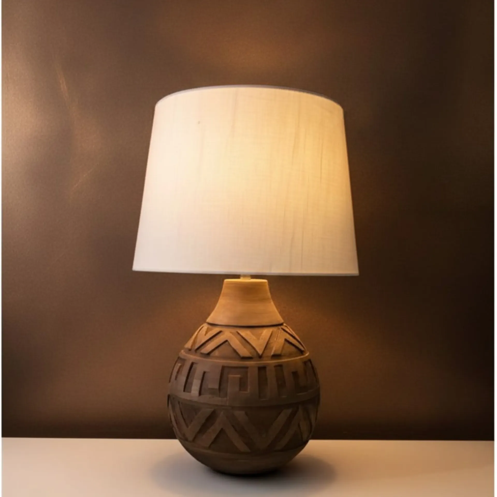 Aztec Glow Lamp - Hand-Carved Wooden Table Lamp with Geometric Pattern and Fabric Shade | Artisan Home Décor Lighting
