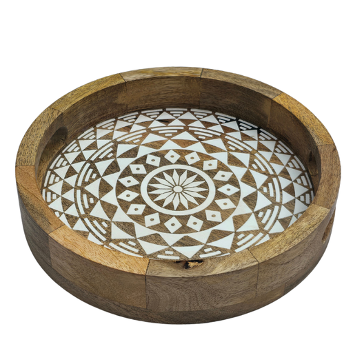 [DI-6020] Handcrafted Round Mango Wood Tray with Mandala Print – 10" Rustic Wooden Serving Tray for Dining, Kitchen, or Home Decor 