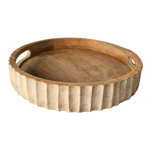 Rustic Whitewashed Wooden Serving Tray - Round Decorative Tray with Handles | Bombay Moon 