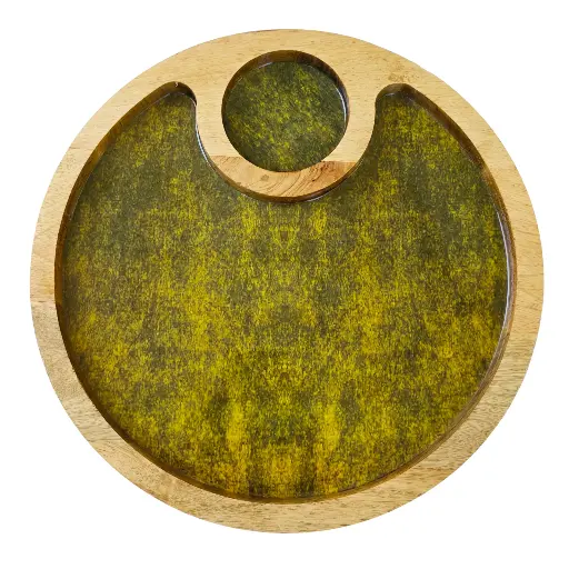 Handcrafted Chip & Dip Platter – Speckled Green 12" Round Mango Wood Serving Platter Decorated with Enamel, Classy Wooden Appetizer Platter for Entertaining 